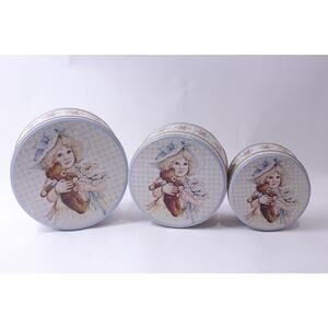 Meg by Jan Hagara, Stacking Tin Boxes, Set of 3, Little Girl with Teddy Bear,